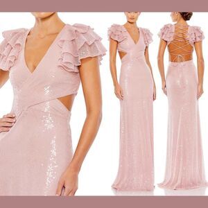 NWT $598 Mac Duggal [ SZ 2  ] Sequined Cut Out Lace Back Gown‎ Rose Pink #G1808